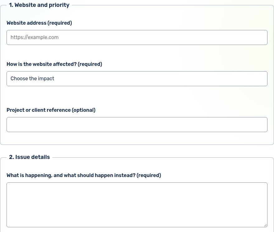 The support request’s website and priority section and empty issue-and-expected-behaviour field.